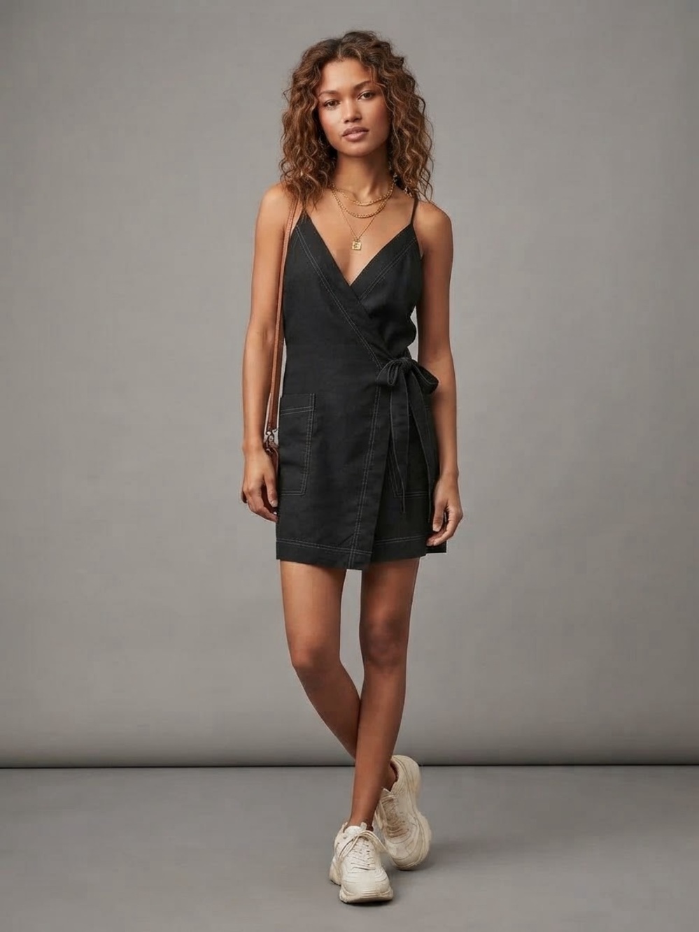 Urban Outfitters Women's Wrap Linen Viscose Blend Tie Waist Mini Dress Size S